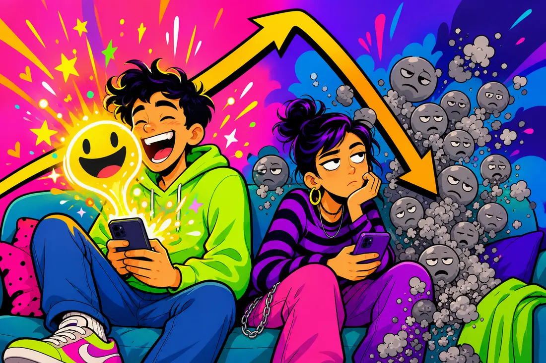 Illustration : un jeune rit devant un smiley coloré sorti de son téléphone pendant que des copies grises du même symbole s'effritent derrière lui