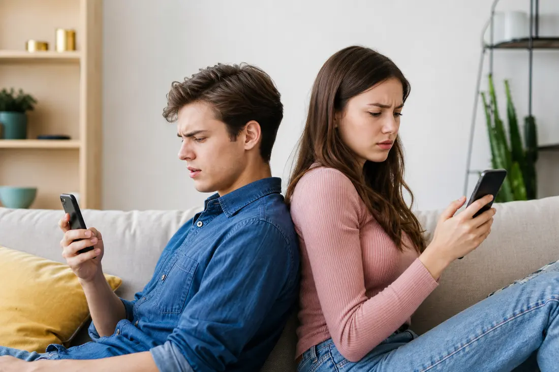 Un jeune homme et une jeune femme assis dos à dos sur un canapé beige, chacun fronçant les sourcils devant l'écran de son téléphone