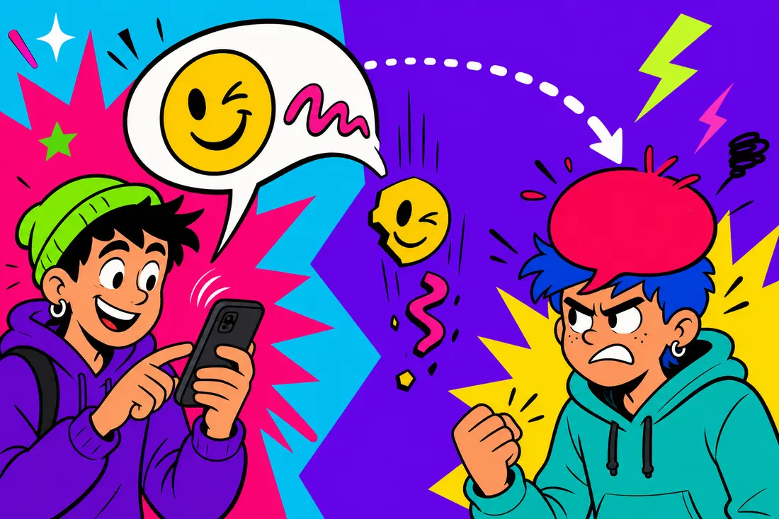 Illustration : une bulle de message part avec un clin d'œil rieur, perd son sourire en chemin et arrive toute rouge chez un jeune agacé