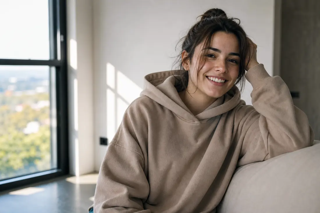 Jeune femme souriante en sweat à capuche beige oversize, assise sur un canapé près d'une grande fenêtre baignée de lumière