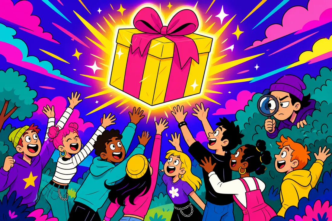 Illustration d'un cadeau géant entouré d'une foule de personnages qui lèvent les bras vers lui, tandis qu'une petite silhouette suspicieuse se cache derrière avec une loupe pour vérifier si le cadeau est vraiment réel