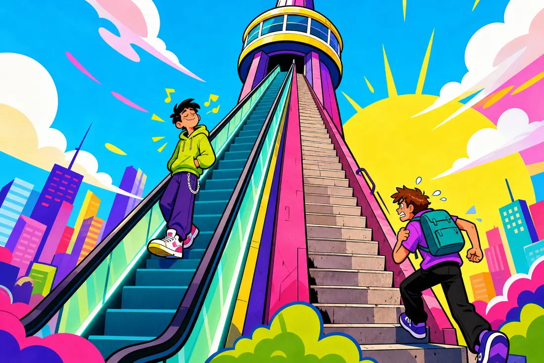 Illustration d'un jeune personnage cartoon posé directement sur un escalator lumineux qui grimpe déjà à mi-hauteur, tandis qu'à côté un autre personnage grimpe péniblement un escalier classique depuis le tout premier étage