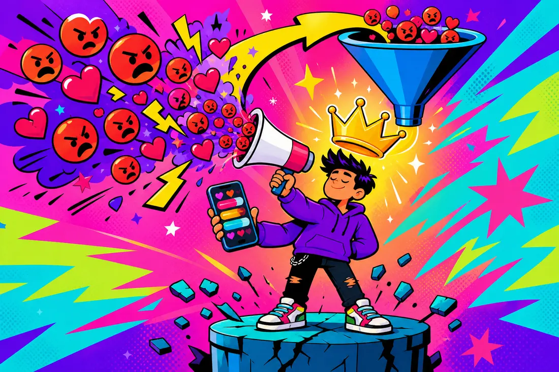 Illustration d'un jeune créateur sur un socle fissuré dont le mégaphone crache des émojis en colère aspirés vers une couronne dorée