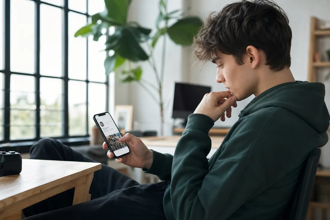 Jeune homme en sweat à capuche vert, assis près d'une grande fenêtre, qui observe d'un air dubitatif un profil de réseau social sur son smartphone