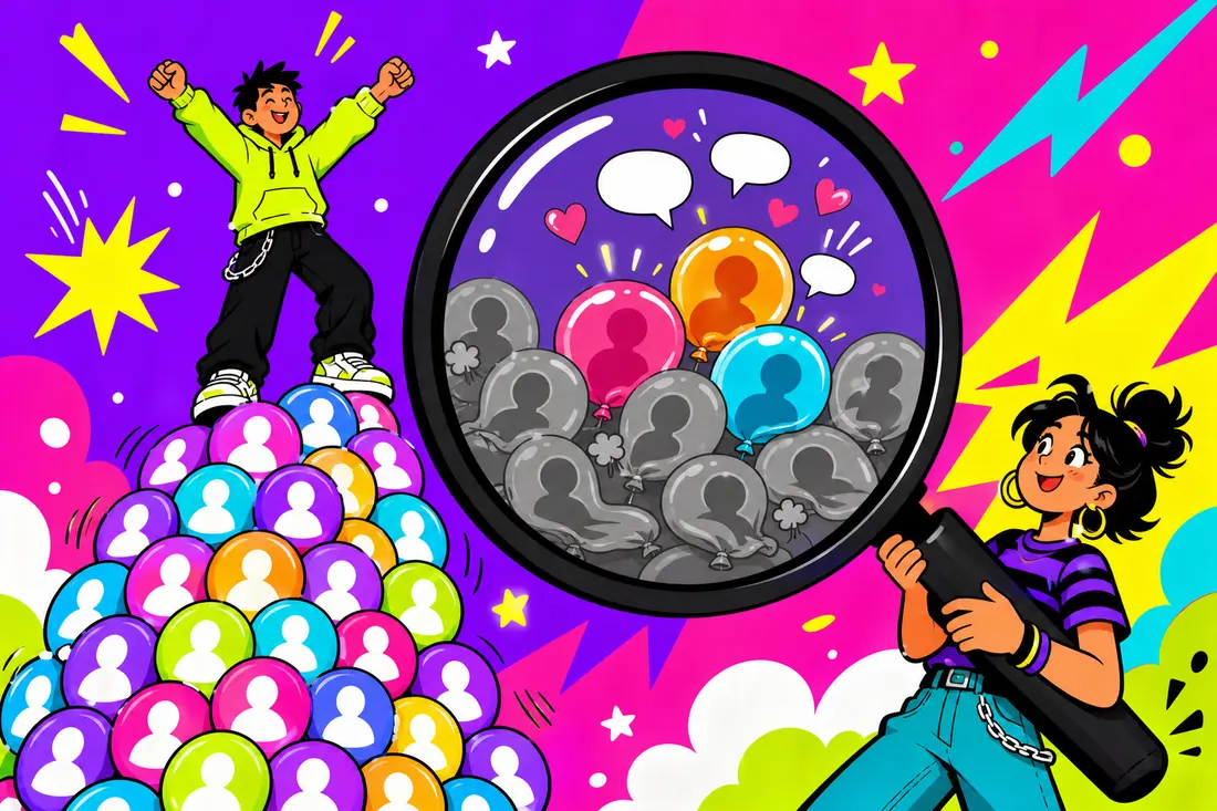 Illustration d'un jeune créateur perché sur une pile d'avatars, dont une loupe révèle que la plupart sont des silhouettes vides qui se dégonflent