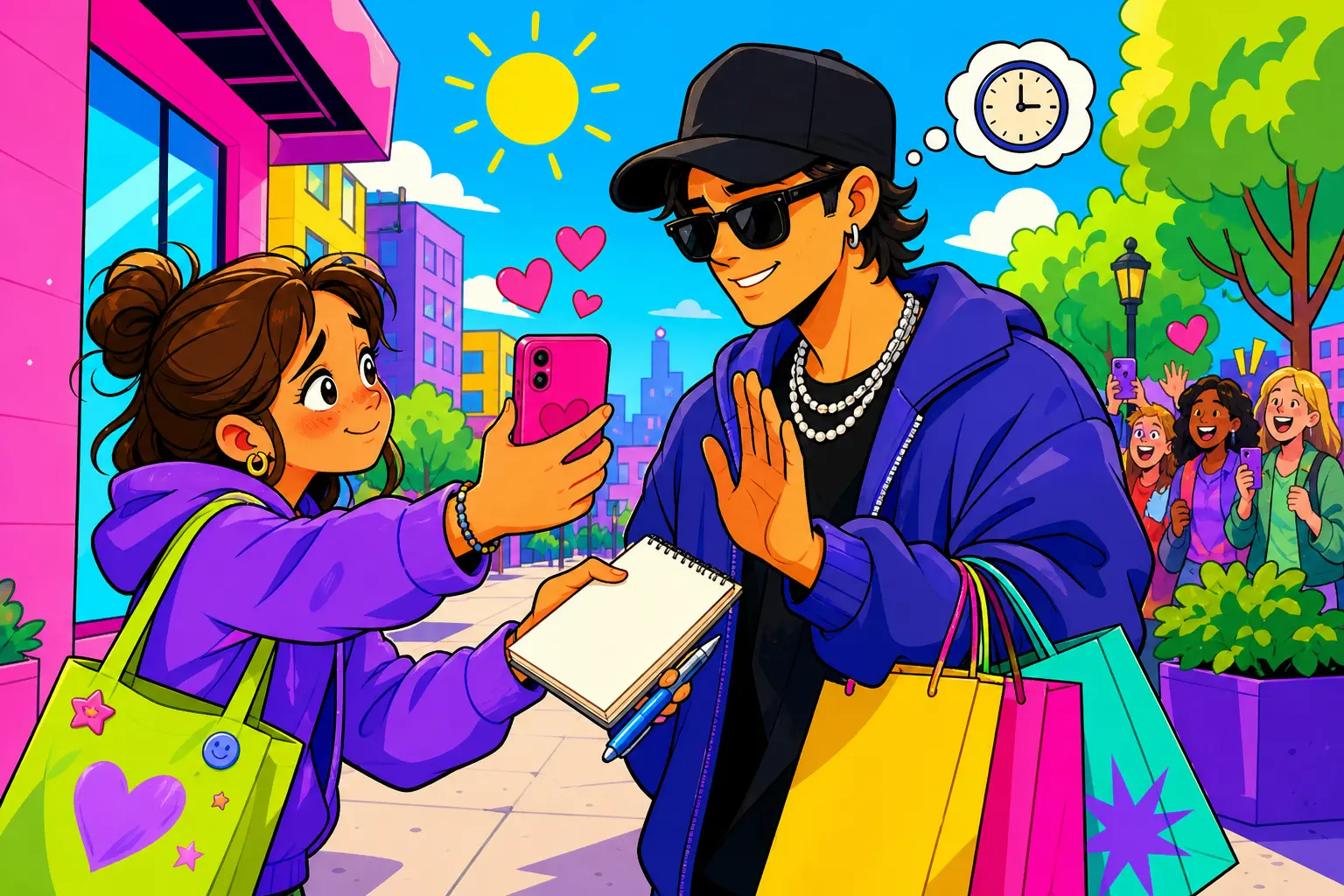 Illustration d'une jeune fan qui tend timidement son téléphone et un carnet à une star en casquette chargée de sacs, qui lui sourit en levant la main pour demander un instant