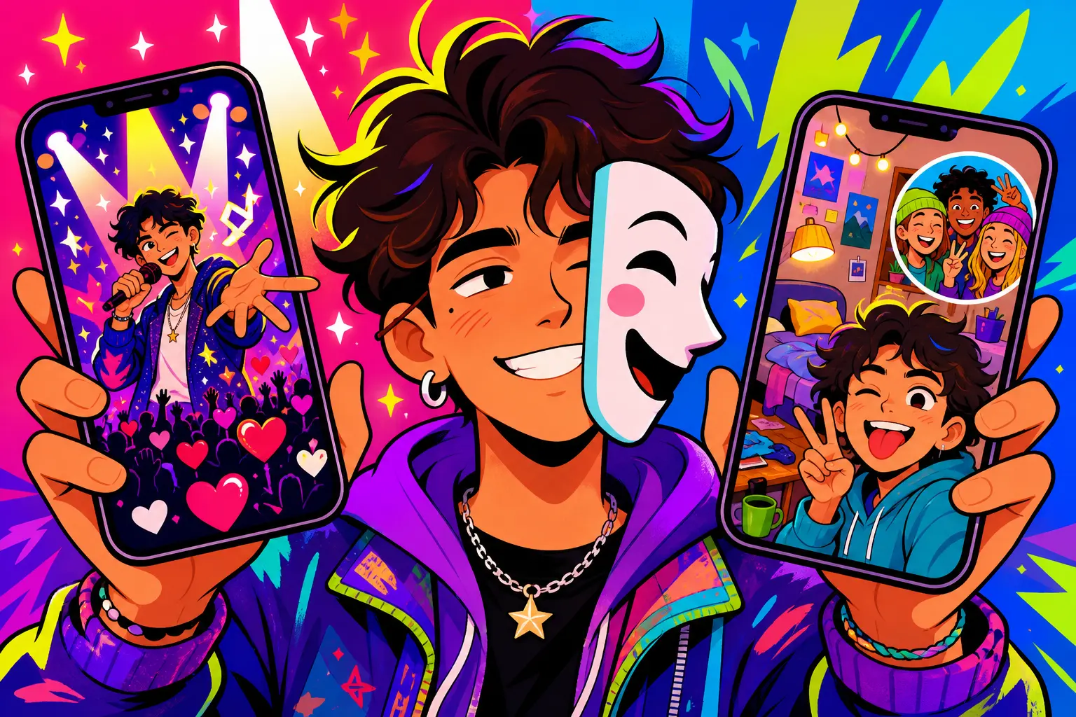 Illustration d'un jeune créateur tenant deux téléphones, l'un montrant une scène glamour sous les projecteurs, l'autre un selfie grimaçant avec ses amis, un masque à moitié retiré