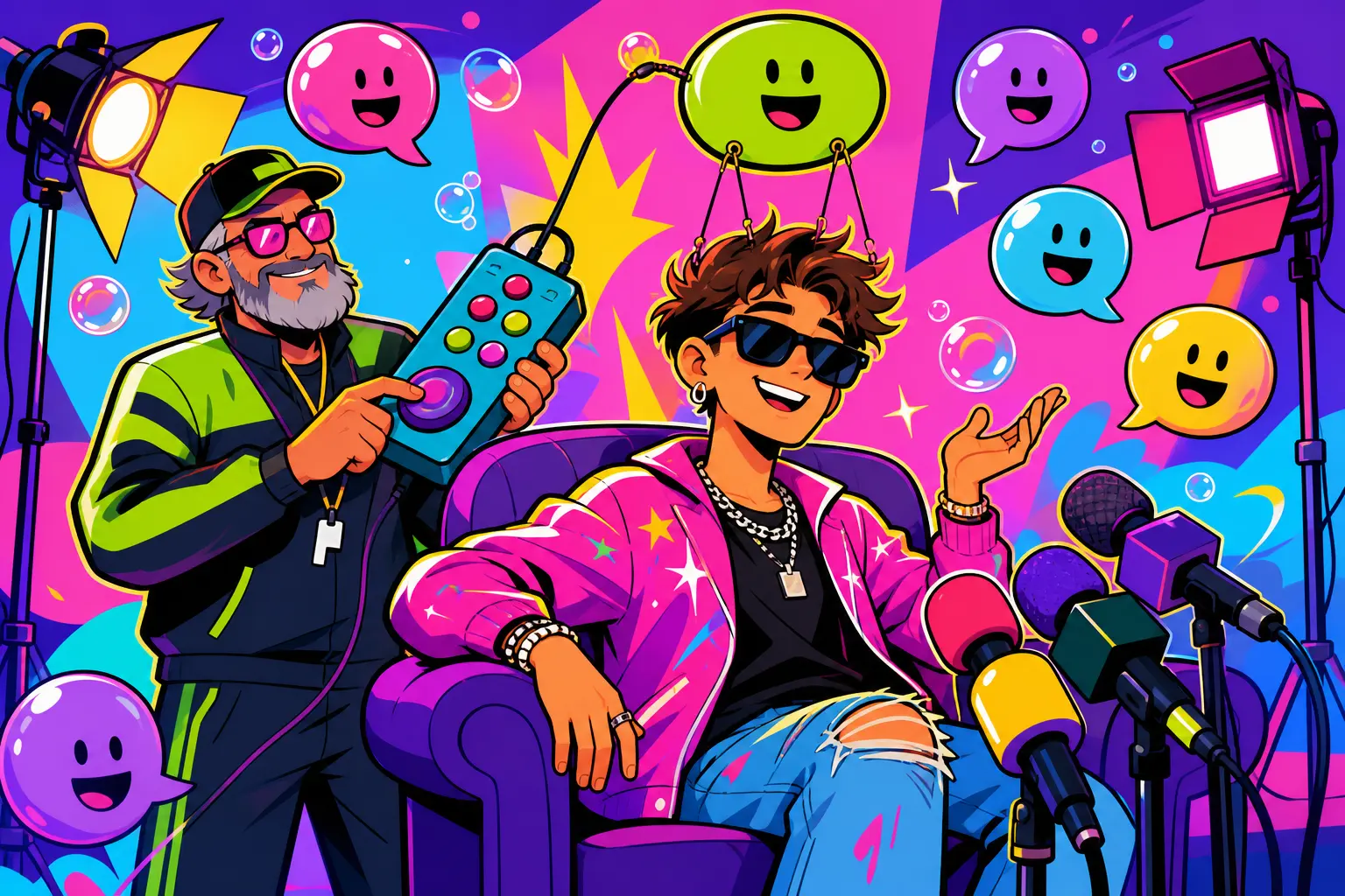 Illustration d'une star à lunettes noires face à des micros, pendant qu'un coach derrière son fauteuil manie une grosse télécommande reliée à une bulle de dialogue souriante