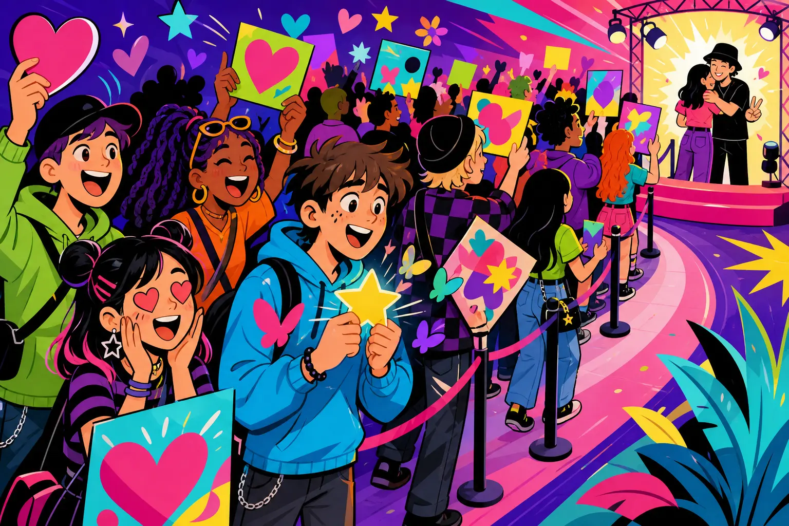 Illustration d'une longue file de jeunes fans avec des pancartes en cœur qui serpente vers une petite scène lumineuse, où un artiste prend une fan dans ses bras pour une photo