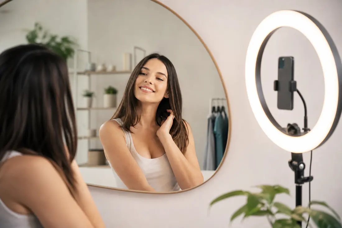 Jeune femme souriante face à un grand miroir rond dans une pièce claire, un smartphone fixé sur un anneau lumineux juste à côté d'elle