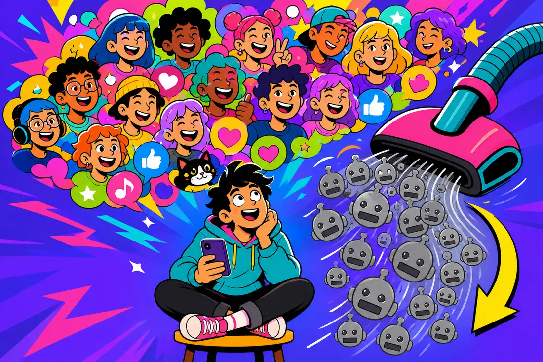 Illustration d'un jeune créateur qui voit un aspirateur géant avaler des avatars robots gris au milieu d'une foule d'abonnés colorés