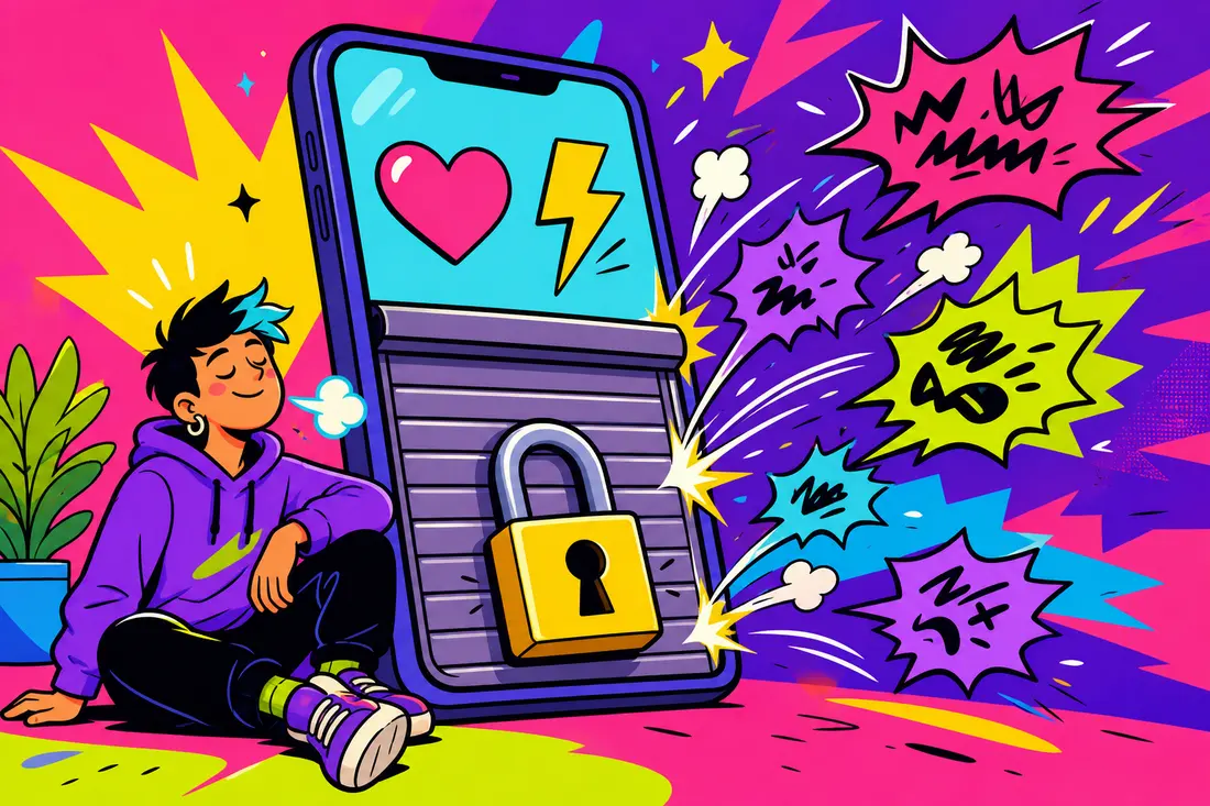 Illustration d'un jeune créateur qui baisse un rideau cadenassé sur la zone de commentaires de son téléphone, des bulles agressives ricochent