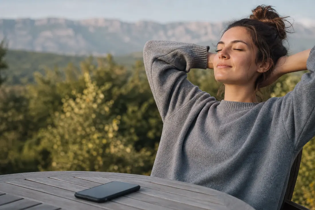 Jeune femme en pull gris, yeux fermés et mains derrière la tête, assise à une table en bois face aux montagnes, son smartphone posé loin d'elle
