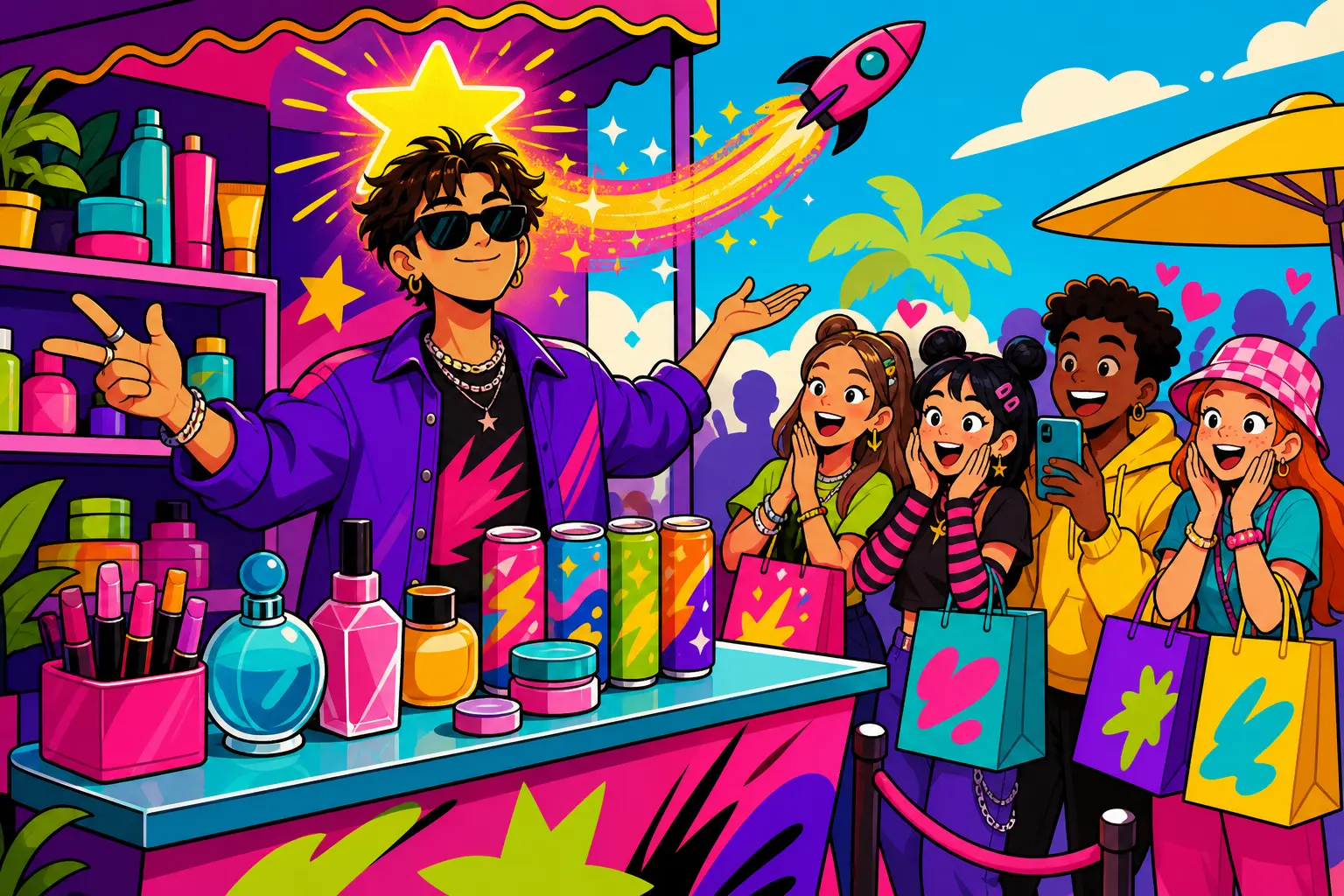 Illustration d'une star en lunettes noires derrière le comptoir de sa boutique éphémère, avec maquillage, parfums et canettes colorées, devant une file de fans enthousiastes
