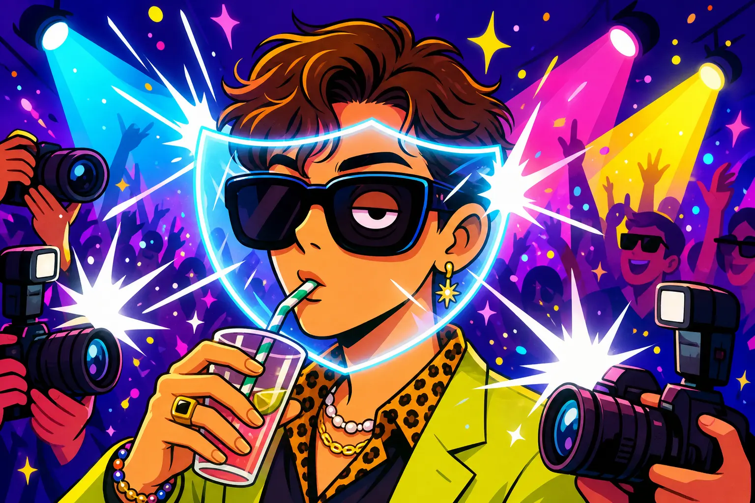 Illustration d'une star en lunettes noires qui sirote un verre en soirée, protégée par un bouclier lumineux des flashs des photographes, un œil fatigué derrière les verres