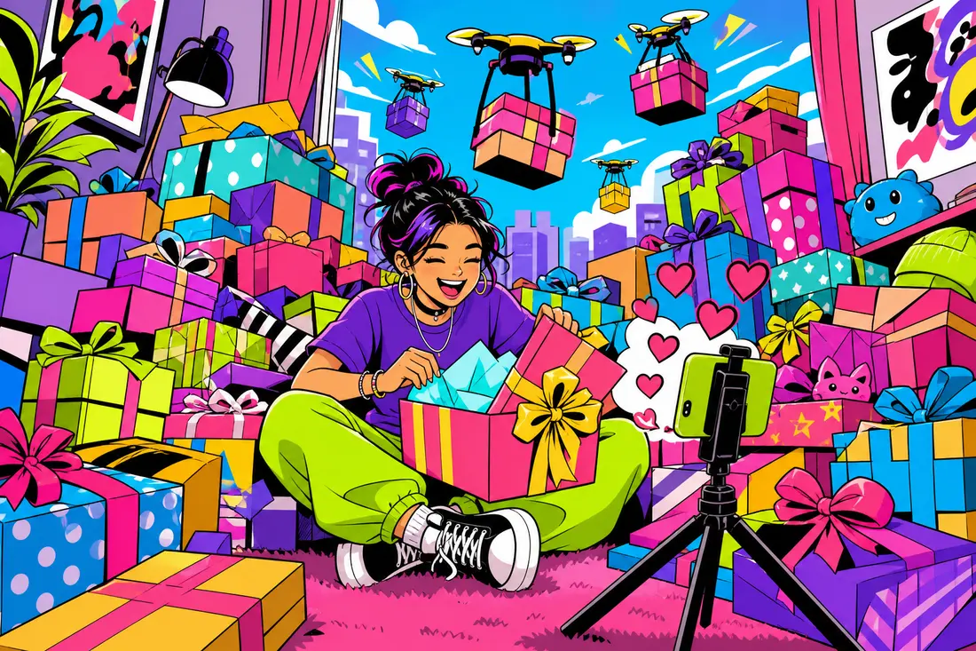 Illustration d'une créatrice assise au milieu d'une montagne de paquets cadeaux colorés, filmée par un téléphone sur trépied, pendant que des drones livrent encore des colis