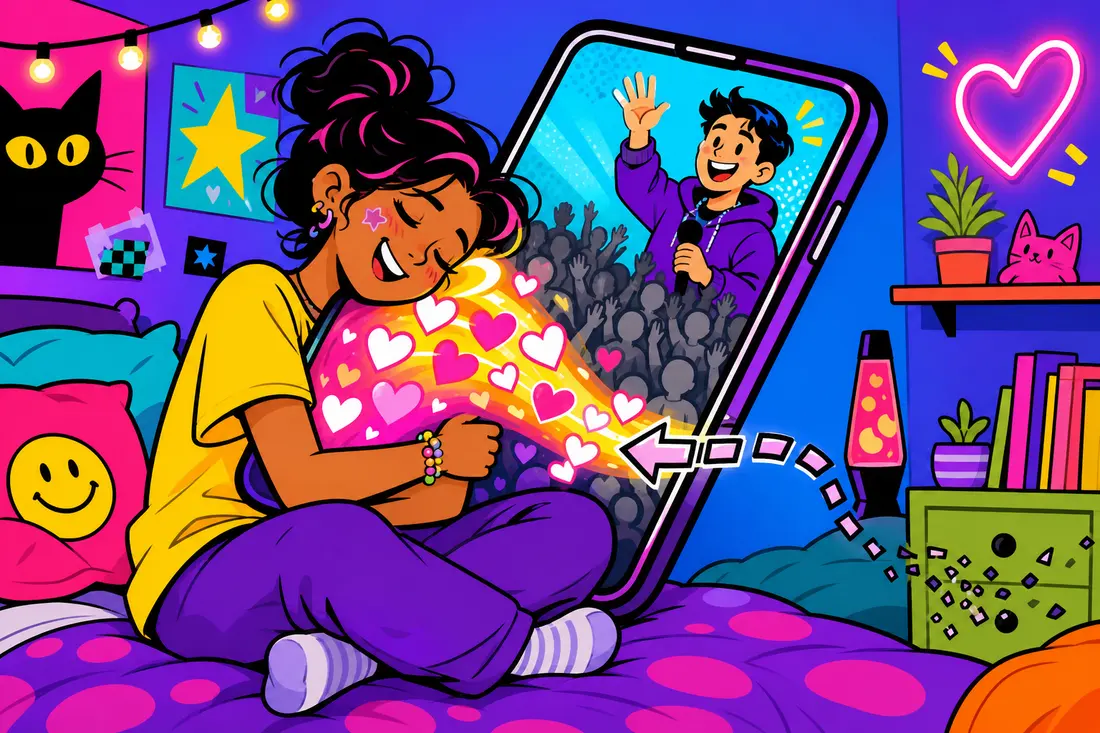 Illustration d'un jeune fan serrant un smartphone géant, un flot de cœurs part vers l'écran mais la flèche de retour se brise en pointillés