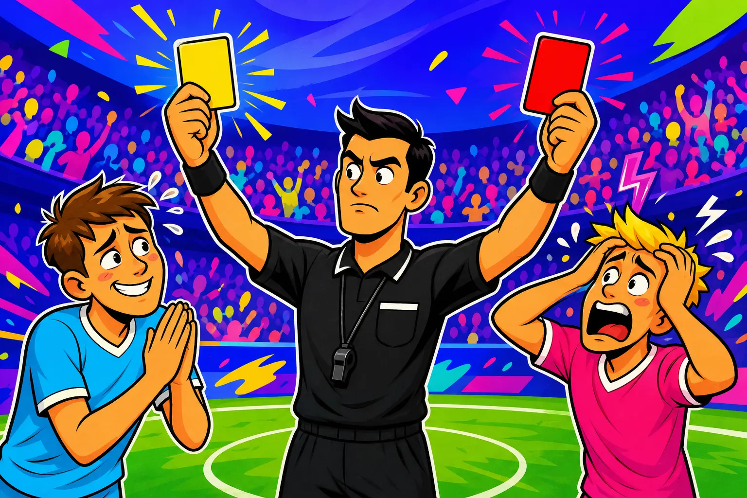Illustration d'un arbitre qui brandit un carton jaune et un carton rouge, entre un joueur qui s'excuse les mains jointes et un autre qui se tient la tête