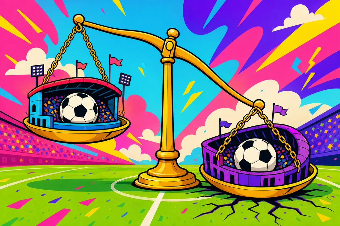 Illustration d'un ballon de foot en train de basculer une balance géante, un stade extérieur pesant plus lourd qu'un stade à domicile identique