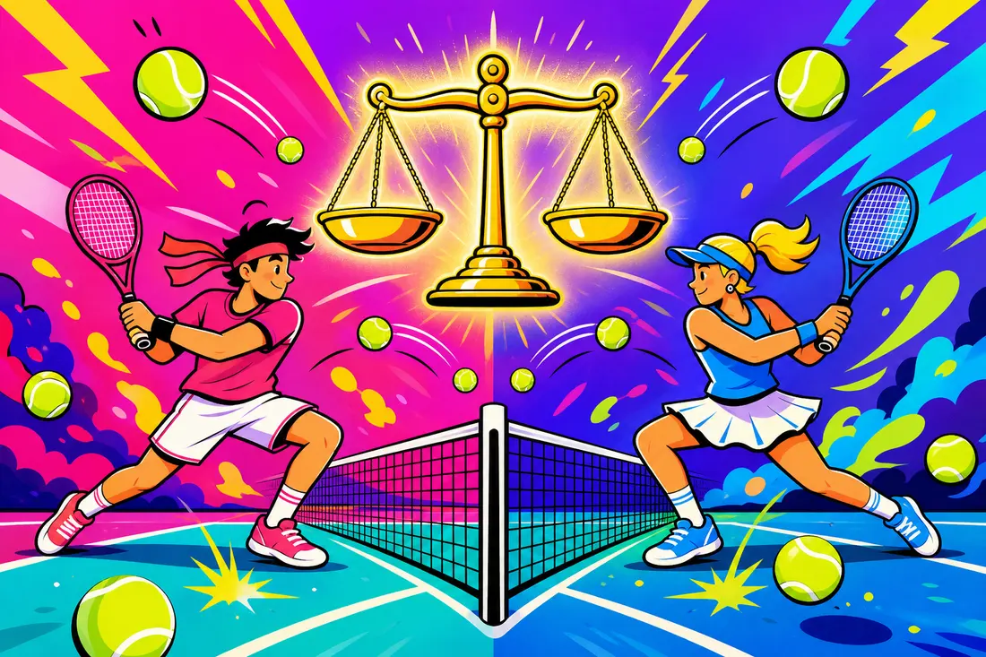 Illustration de deux joueurs de tennis cartoon de chaque côté d'un filet, séparés par une balance géante parfaitement à l'équilibre, entourés de balles de tennis qui volent dans tous les sens