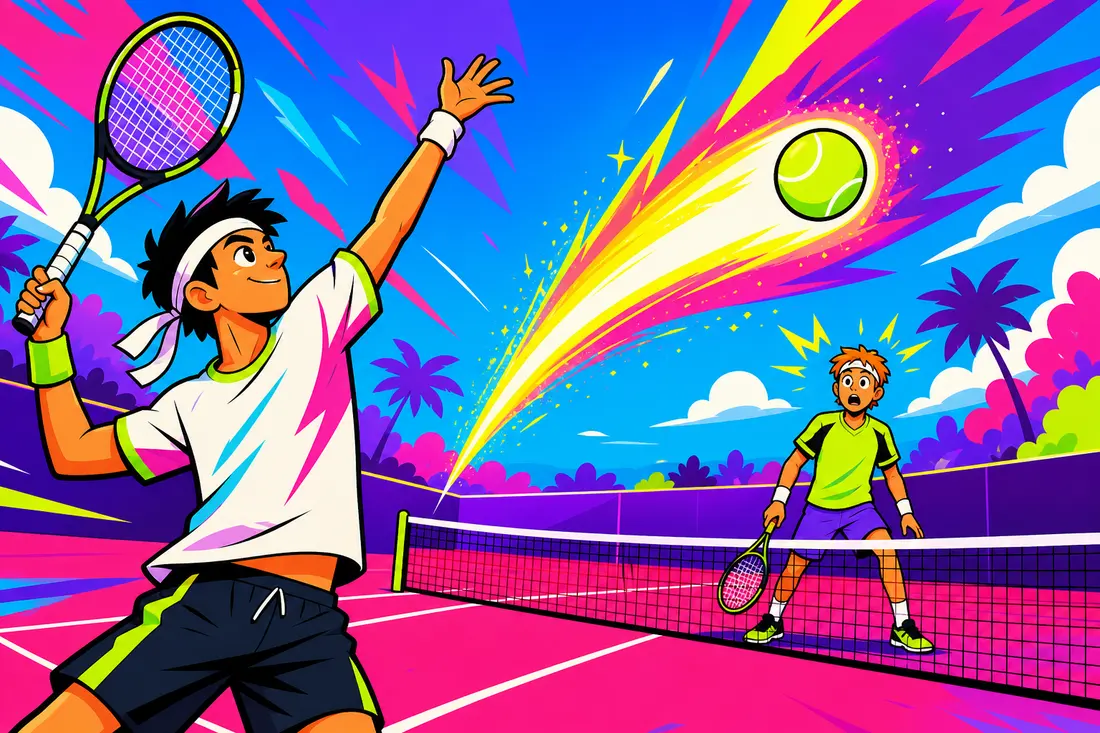 Illustration d'un joueur de tennis cartoon servant une balle qui file comme une comète lumineuse, tandis que l'adversaire de l'autre côté du filet reste figé, raquette immobile, complètement dépassé