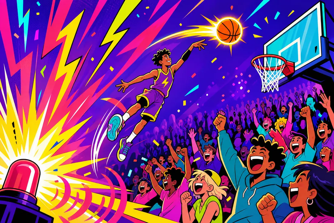 Illustration d'un joueur de basket cartoon suspendu dans les airs, ballon lâché juste avant qu'une immense sirène lumineuse n'explose de lumière, tandis que le public dans les gradins se lève d'un bond