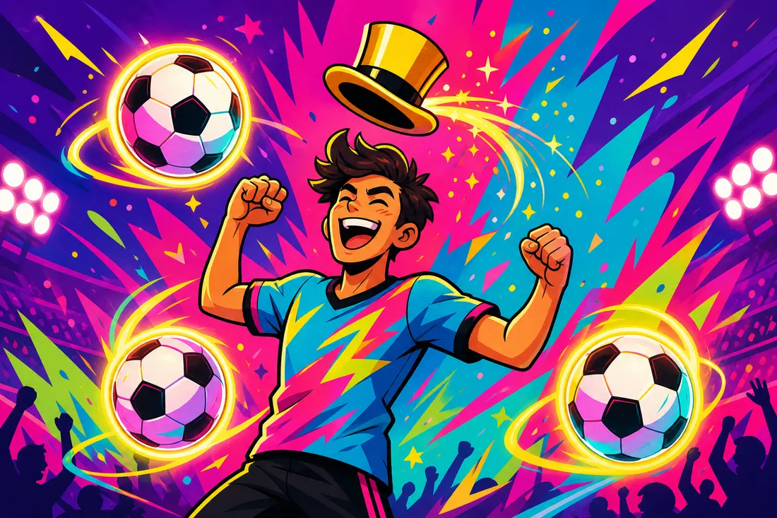 Illustration d'un footballeur cartoon célébrant, trois ballons lumineux flottant en formation triangulaire autour de lui, tandis qu'un chapeau haut-de-forme doré vole dans les airs juste au-dessus de sa tête