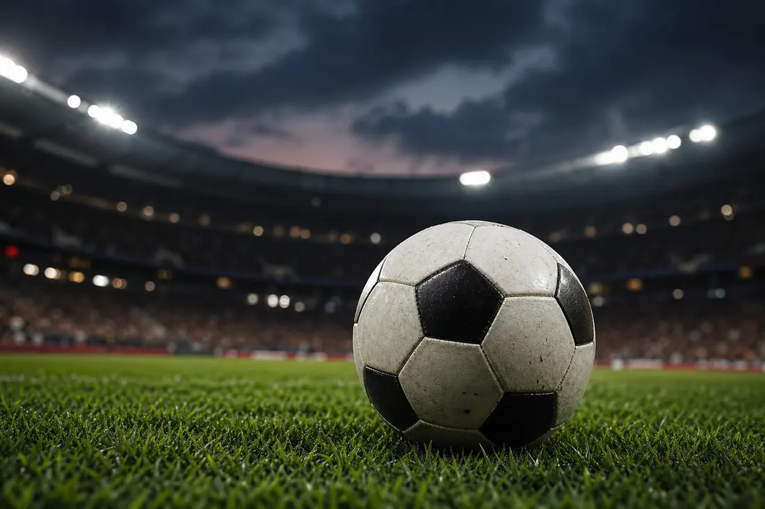 Ballon de football usé posé sur la pelouse d'un stade au crépuscule, tribunes floues et projecteurs allumés en arrière-plan