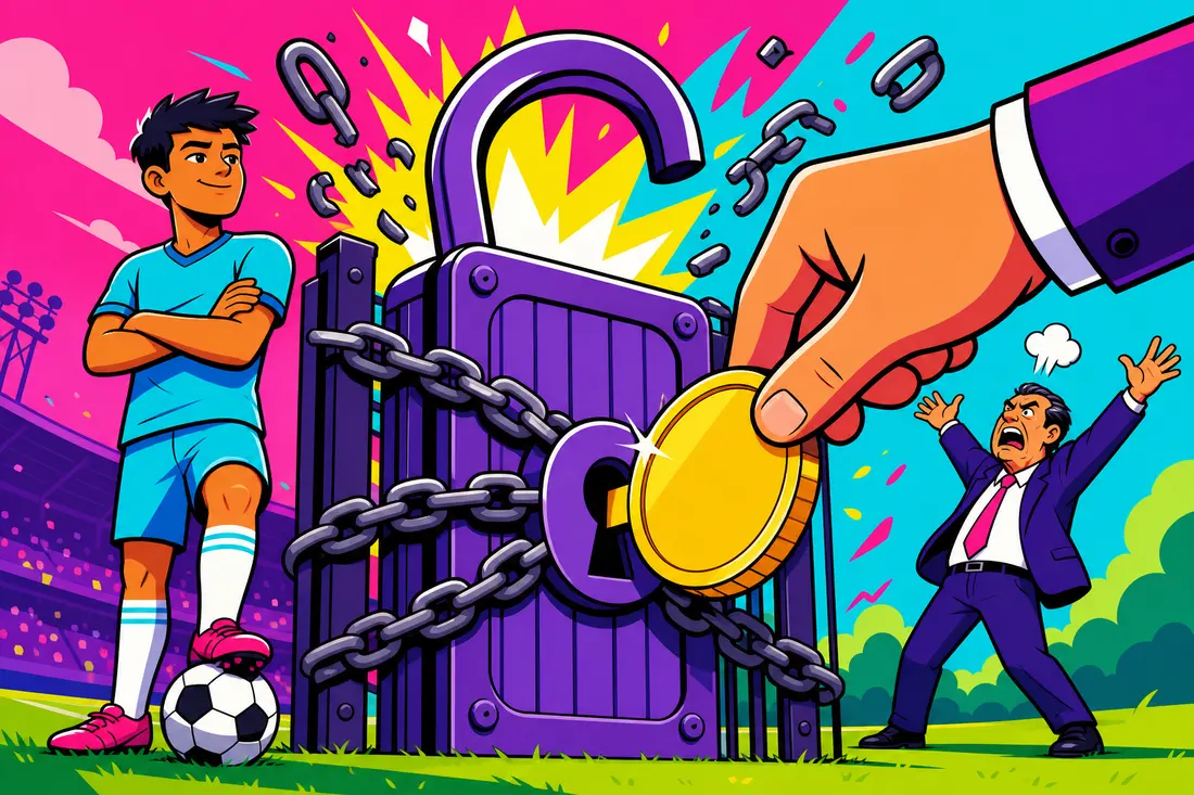 Illustration d'un jeune footballeur derrière un cadenas géant qui s'ouvre quand une pièce dorée sert de clé, sous l'oeil impuissant d'un dirigeant