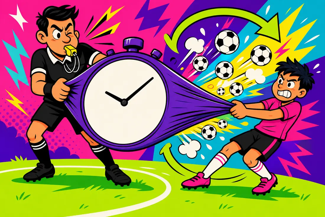 Illustration d'un arbitre cartoon qui étire un chronomètre géant sans chiffres comme un élastique, avec des ballons qui en jaillissent