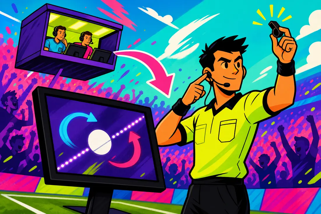 Illustration d'un arbitre de foot devant un écran vidéo, sifflet levé, relié par une flèche géante à une petite cabine d'arbitrage vidéo