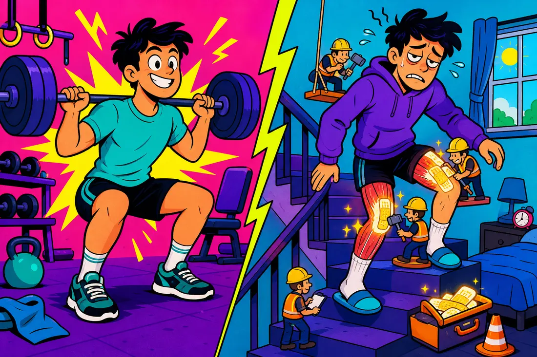 Illustration en deux parties : un jeune qui fait des squats plein d'énergie, puis le même raide dans l'escalier le lendemain, pendant que de petits ouvriers réparent ses muscles