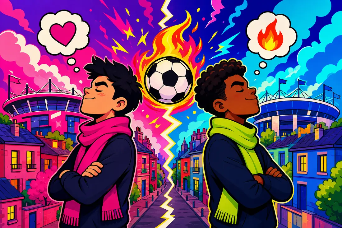 Illustration de deux jeunes supporters dos à dos de part et d'autre d'une rue, entre leurs deux stades voisins et un ballon en flammes