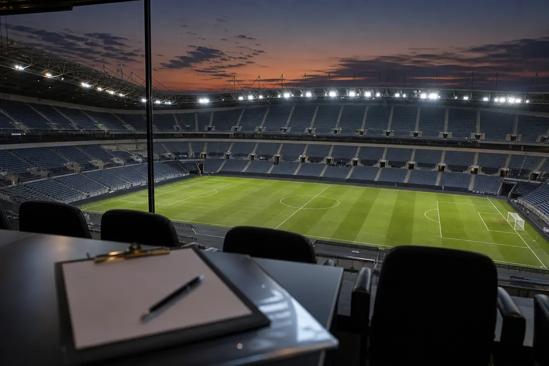 Vue depuis une loge sur un stade de football vide éclairé au crépuscule, avec une table, des fauteuils noirs et un bloc-notes posé avec un stylo