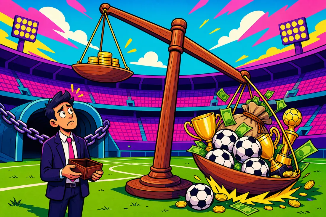 Illustration d'une balance géante sur un terrain de foot, penchée du côté des dépenses, face à un dirigeant et au tunnel du stade cadenassé