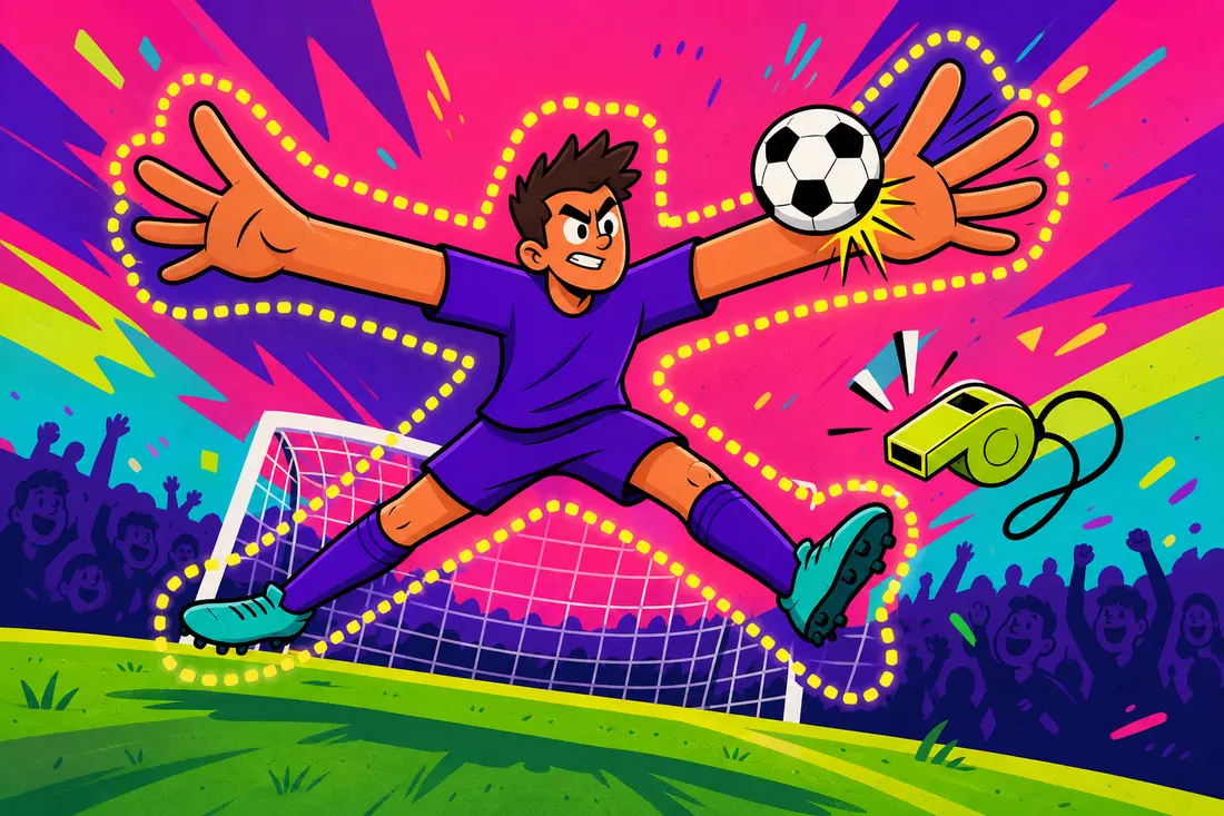 Illustration d'un défenseur bras grands ouverts qui touche le ballon du bras, entouré d'un contour pointillé montrant sa silhouette élargie, avec un sifflet d'arbitre