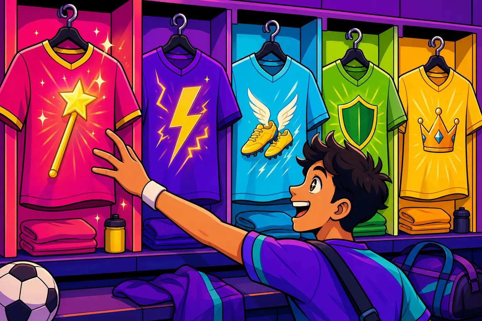 Illustration d'un vestiaire où des maillots colorés affichent une baguette magique, un éclair, des chaussures ailées, un bouclier et une couronne, devant un jeune joueur émerveillé