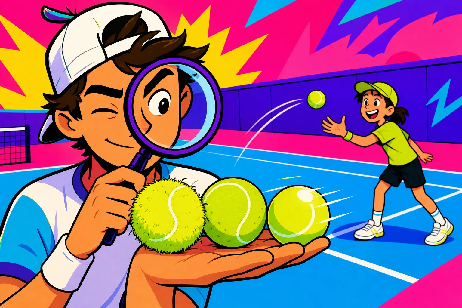 Illustration d'un joueur de tennis qui inspecte trois balles à la loupe, l'une duveteuse et l'autre lisse et rapide, pendant qu'un ramasseur de balles en rattrape une