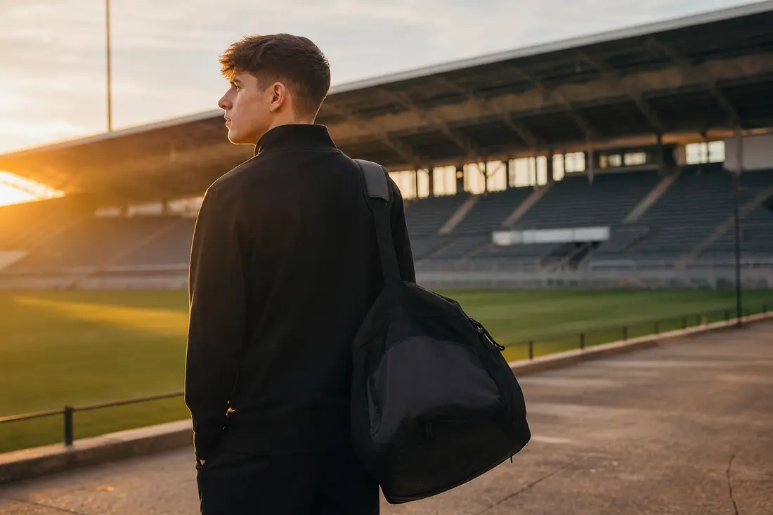 Un jeune footballeur en survêtement noir, sac de sport à l'épaule, debout au bord de la pelouse d'un stade vide baigné de lumière dorée