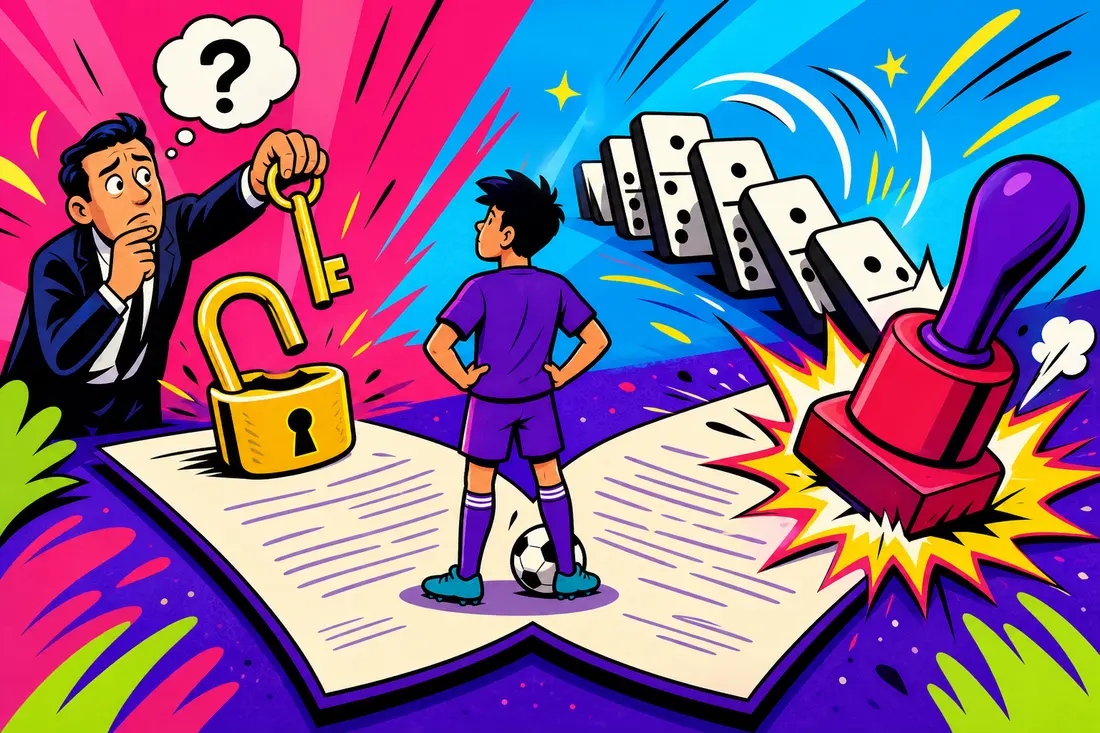Illustration d'un jeune footballeur entre deux chemins : une main hésitante tient une clé au-dessus d'un cadenas, des dominos tombent seuls sur un tampon