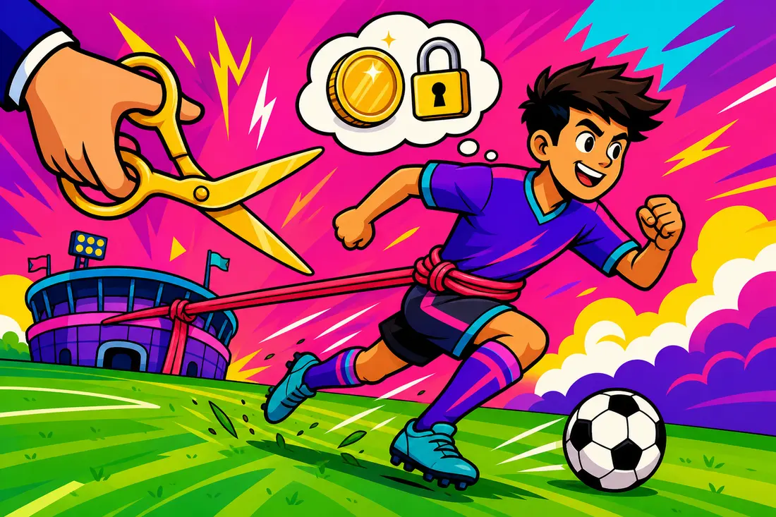 Illustration d'un jeune footballeur retenu par un élastique relié à son club, tandis qu'une main géante s'apprête à couper le lien