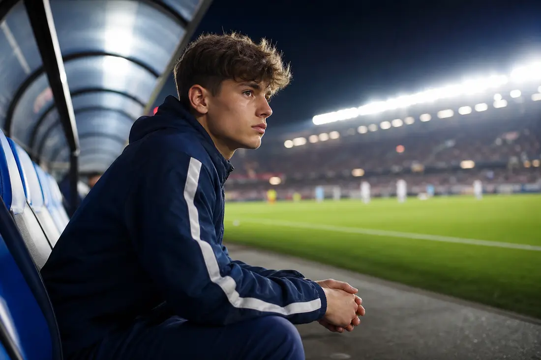 Jeune footballeur en survêtement bleu marine assis sur le banc de touche, mains jointes, le regard tourné vers la pelouse d'un stade éclairé la nuit
