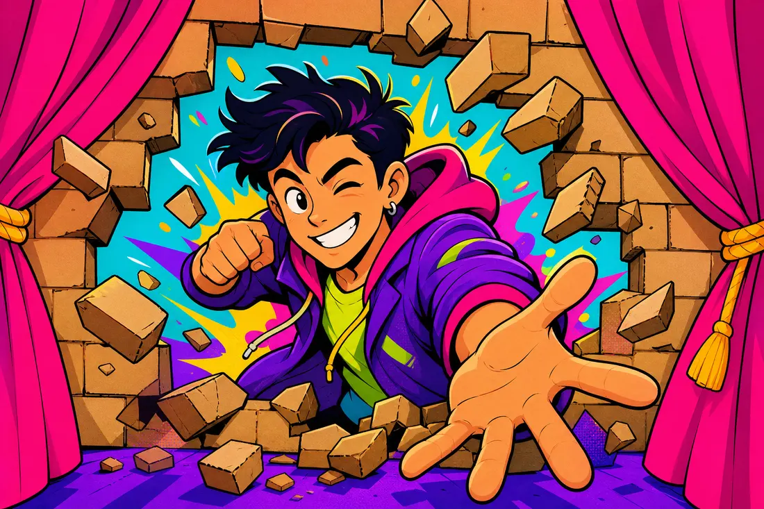 Illustration d'un personnage de série qui perce littéralement un mur de brique en carton pour pointer du doigt le spectateur, un sourire complice aux lèvres