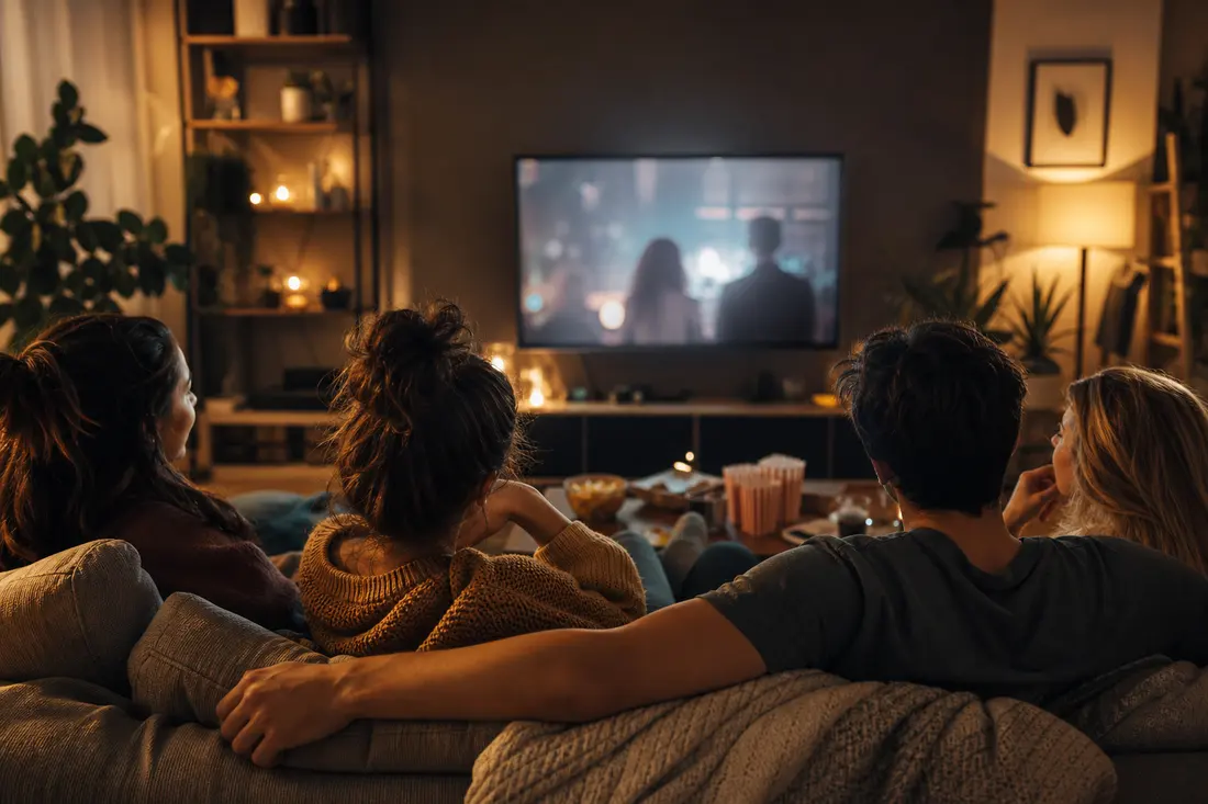 Quatre jeunes assis de dos sur un canapé dans un salon tamisé, regardant une série sur un grand écran avec du pop-corn posé sur la table