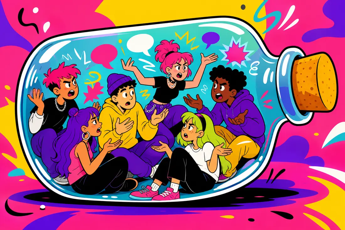 Illustration de plusieurs personnages enfermés à l'intérieur d'une bouteille géante en verre coloré, discutant intensément entre eux tandis que des bulles de dialogue et de tension s'échappent vers l'extérieur