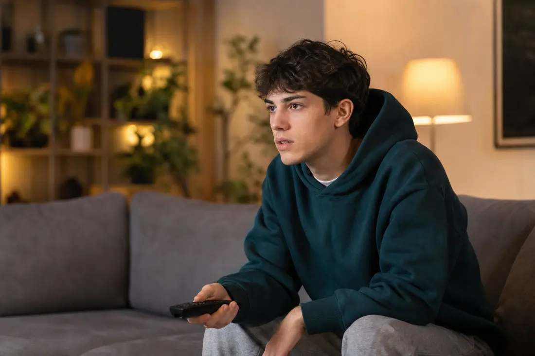 Jeune homme en sweat à capuche vert assis sur un canapé gris, télécommande à la main, très concentré sur l'écran dans un salon cosy