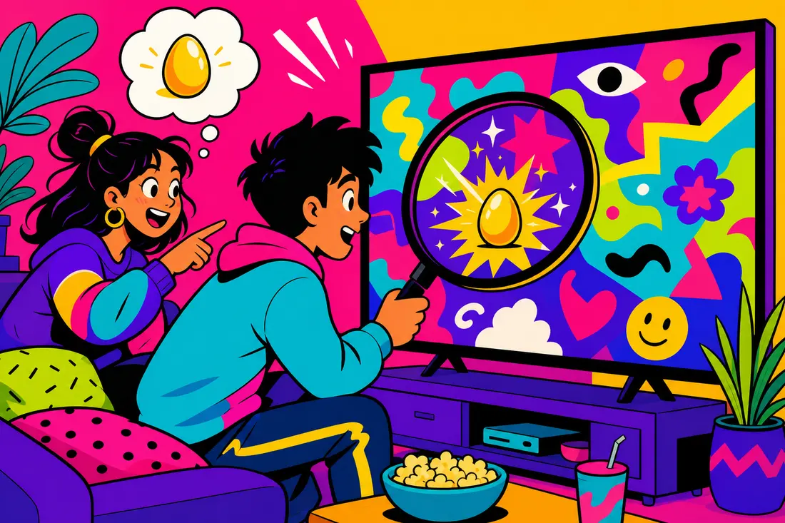 Illustration de deux jeunes sur un canapé qui repèrent à la loupe un petit œuf doré caché dans les formes colorées d'un écran de télé