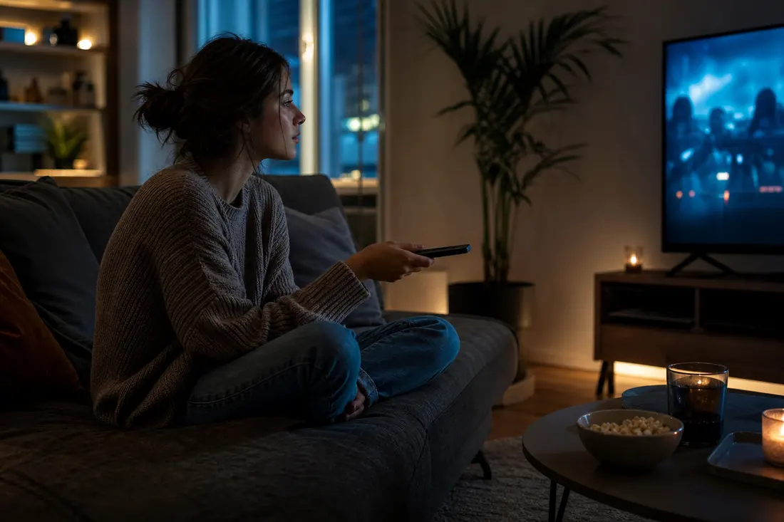 Jeune femme assise en tailleur sur un canapé dans un salon sombre, télécommande tendue vers une télévision allumée, bol de popcorn sur la table