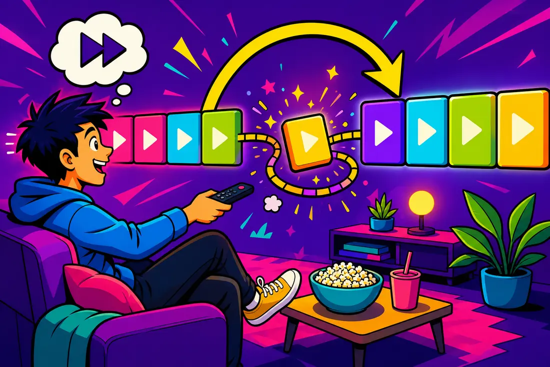 Illustration d'un jeune avec une télécommande face à une chaîne d'épisodes colorés dont un bloc part sur une boucle annexe qu'une grande flèche enjambe