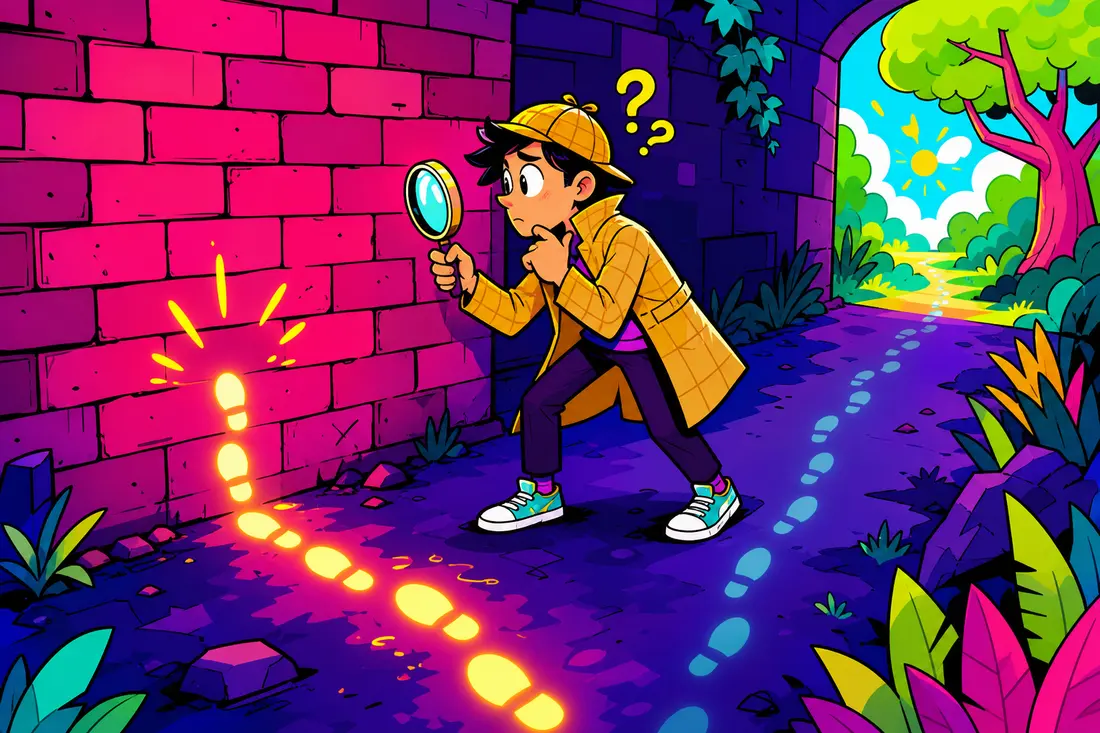 Illustration d'un détective cartoon suivant une piste de traces de pas lumineuses qui s'arrêtent brusquement devant un mur, tandis que la vraie piste, plus discrète, continue sans lui juste à côté